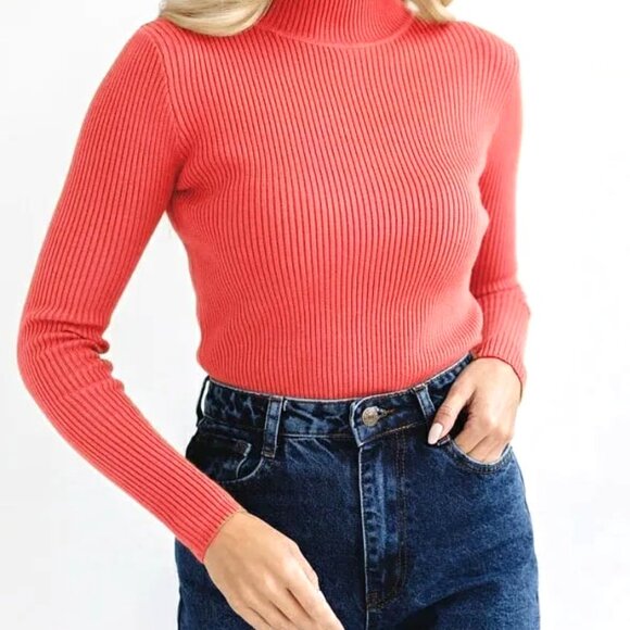WATERMELON PINK MOCK FINE RIB TURTLENECK - Picture 1 of 1